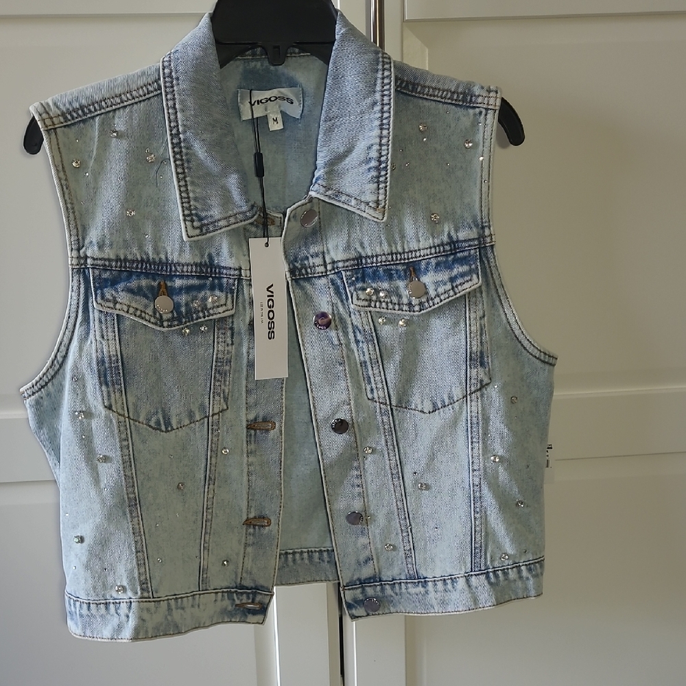 BLUE JEANS VIGOSS RHINESTONE WOMENS VEST WITH 2 POCKETS SIZE M SUPER NICE  NWT